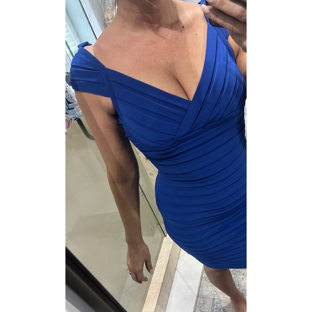 Cache Blue Thick Stretch Bandage Dress 2 Cap Sleeve Bodycon Cocktail V-Neck - Picture 11 of 12